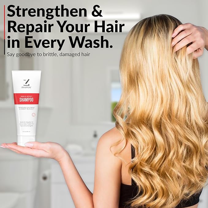 Zealios Sport Clarifying Shampoo, 8 oz Squeeze Tube for Extremely Damaged Hair, Pool Hair Repair & Protector - Sulfate-Free, Moisturizing Chlorine & Salt Removal, Color-Safe, Citrus Scent for Swimmers