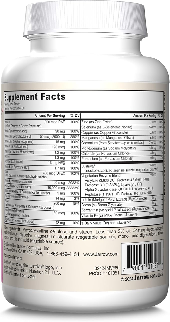 Jarrow Formulas Women's Multi+ Lustriva Hair Growth for Women, Vitamin A, D, Zinc & Lutein, 60 Tablets, 30 Day Supply