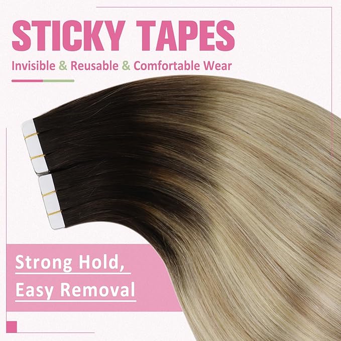 YoungSee Tape in Hair Extensions Real Human Hair Ombre 16In Invisible Tape in Hair Extensions Dark Brown Ombre Blonde with Brown Balayage Tape ins Human Hair Extensions Silky Straight 20pcs 50g