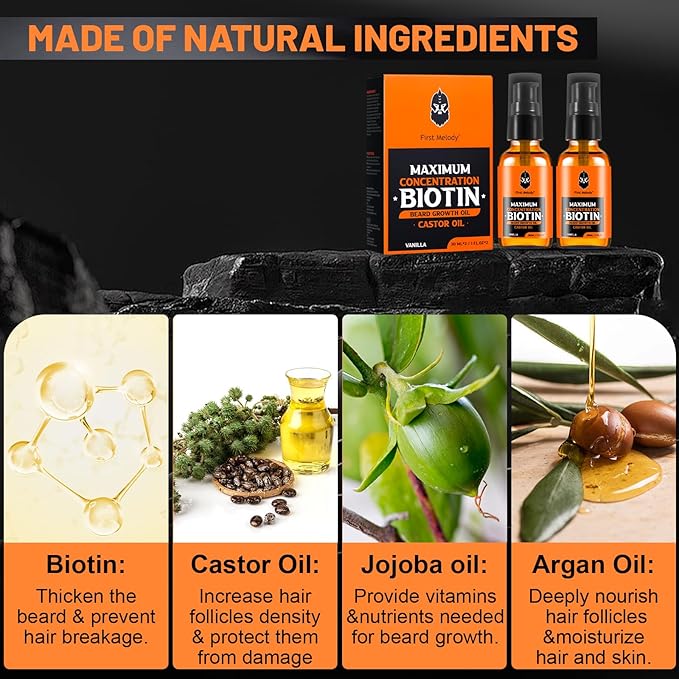 Beard Oil,Maximun Thickening Biotin, with Castor Oil and Argan & Jojoba Oils, Promotes Beard Growth, Styles, Strengthens & Softens Beards & Mustaches,1 Ounce*2(2 Pack)