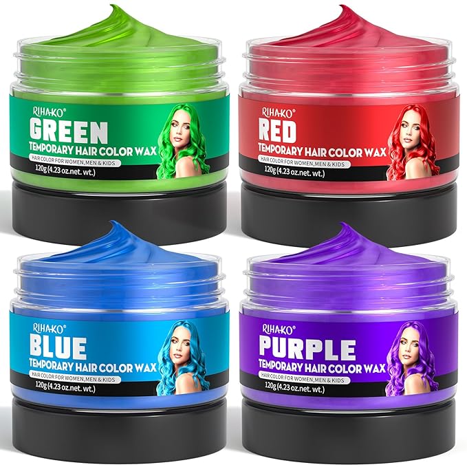 4 Colors Temporary Hair Color for Kids,Gifts for Teens,Girls,Boys,Fun Gifts for Kids,Temporary Hair Dye,Green Purple Red Blue Hair Dye Color Wax,DIY Hairstyle Instant Color Wax Halloween Party