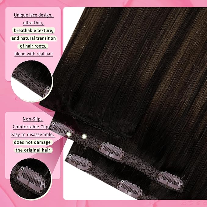 YoungSee 150G Clip in Hair Extensions Balayage Clip on Hair Extensions Dark Brown Mix Medium Brown Highlights Brown Balayage Clip in Extensions Real Hair Suitable for Special Occasions 7Pcs 20In 7Pcs