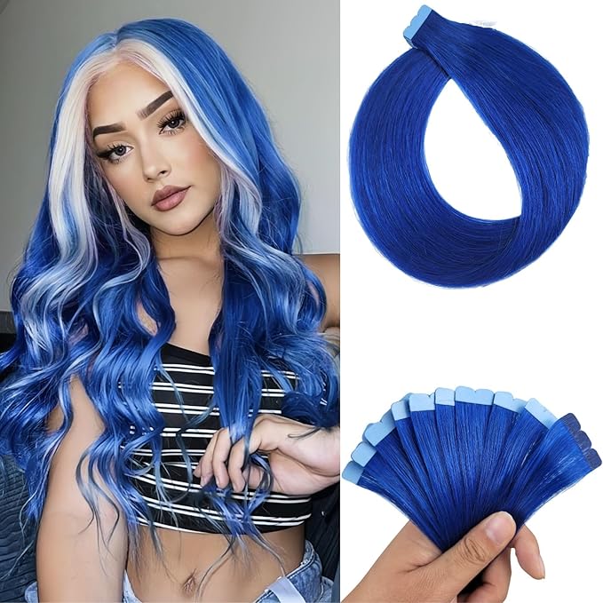 Blue Tape in Hair Extensions Real Human Hair Invisible Mini Human Hair Tape in Extensions Diy 20Inch 10Pcs Silky Soft Remy Hair for Party