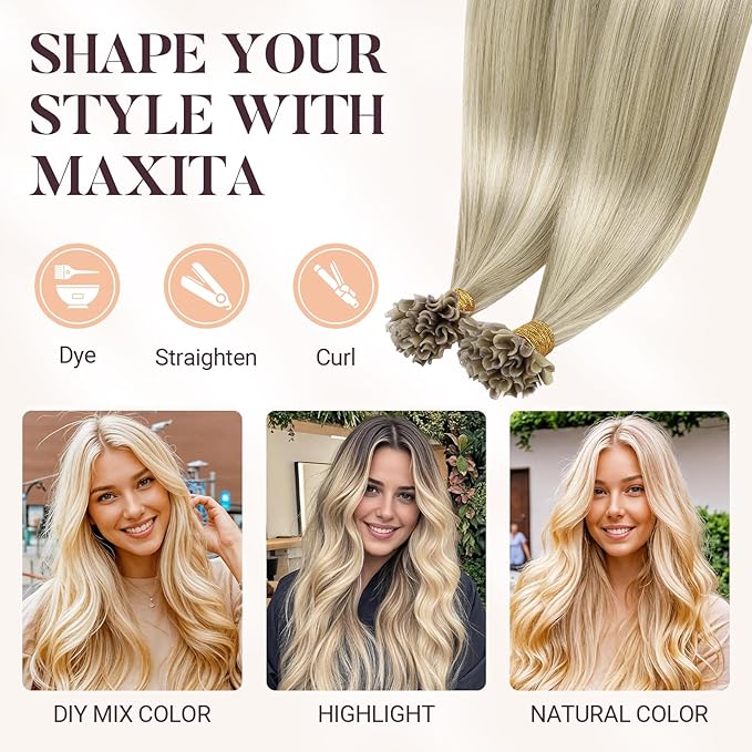 MAXITA U Tip Hair Extensions Human Hair, Ash Blonde Highlighted Platinum Blonde Hair Extensions Real Human Hair, 50g/50 Strands/Pack, 18 In Virgin Human Hair