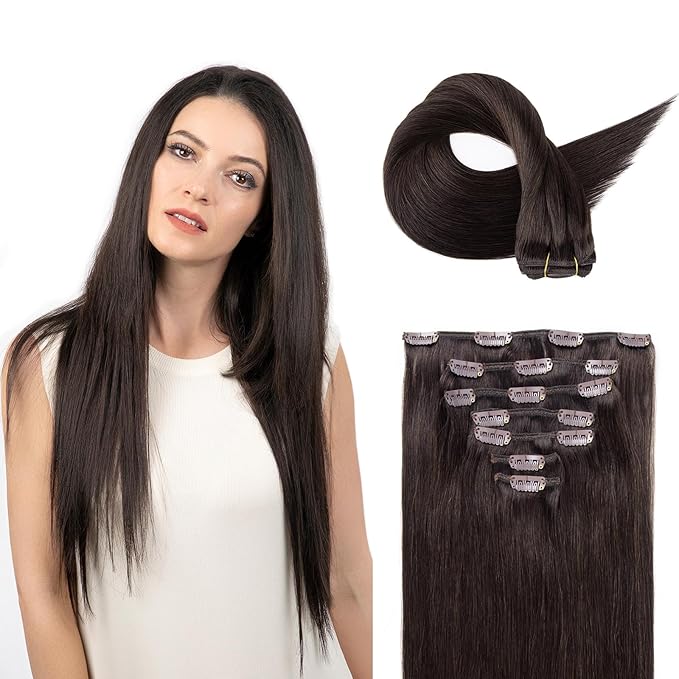 Clip in Hair Extensions Real Human Hair, Remy Human Hair Clip in Extensions for Long Hair, Dark Brown Straight Hair Extensions Add Volum add Length #2 24Inch 120G 7PCS