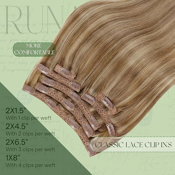 RUNATURE Clip in Hair Extensions Real Human Hair, Short Hair Extensions Clip Ins for Women, Soft Straight Remy Hair, 12 Inch 80g 7pcs, #10P16 Dark Blonde Highlights Caramel Blonde