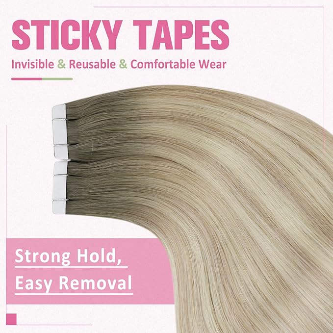 YoungSee Tape on Hair Extensions Balayage Ash Blonde Ombre Platinum Blonde Tape in Hair Extensions Real Human Hair Balayage Tape Real Hair Extensions Balayage Tape in Hair Extensions 18In 50g 20pcs