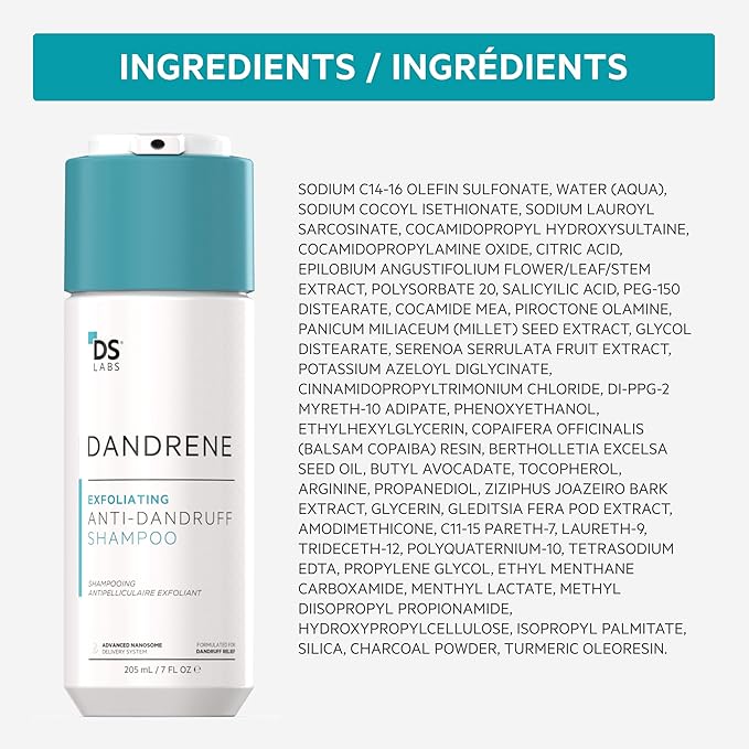 DS Labs Dandrene Dandruff Shampoo - for Flaky, Itchy Scalp, Exfoliating Shampoo for Dry Scalp, Seborrheic Dermatitis, Scalp Psoriasis, Color-Safe, Sulfate-Free, Nanosome Technology, 205mL