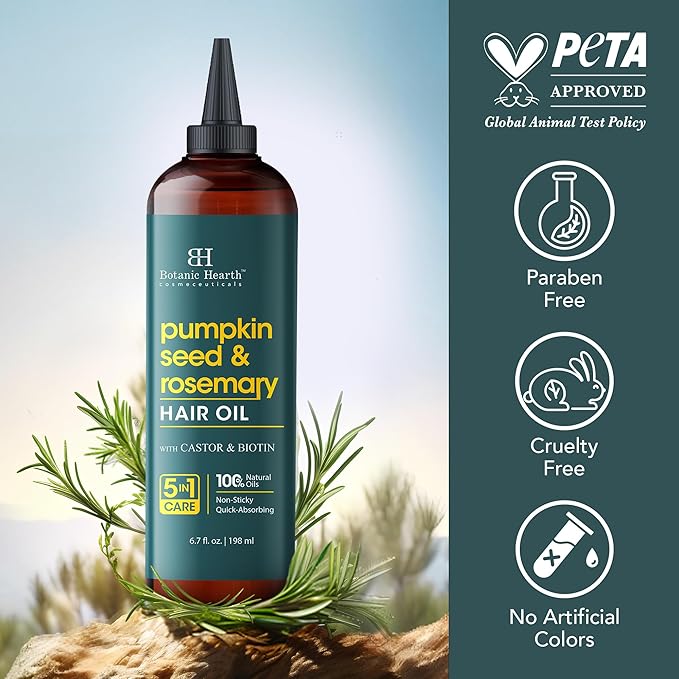 Botanic Hearth 100% Pure Pumpkin Seed Rosemary Oil For Hair Growth (6.7 fl oz)| Infused with Pumpkin, Rosemary, Castor | Hair Oil Repairs Dry Damaged Hair, Strengthening, Healthier Hair- Hair Tonic
