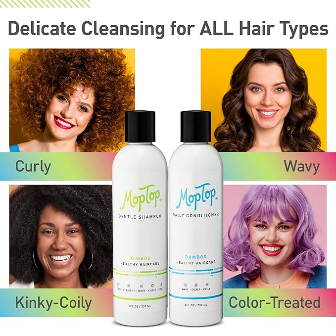 MopTop Curly Hair Routine, Gentle Shampoo + Daily Conditioner + Styling Gel for Wavy and Coily Tresses, Color Safe, Moisturizing Women's Hair Care
