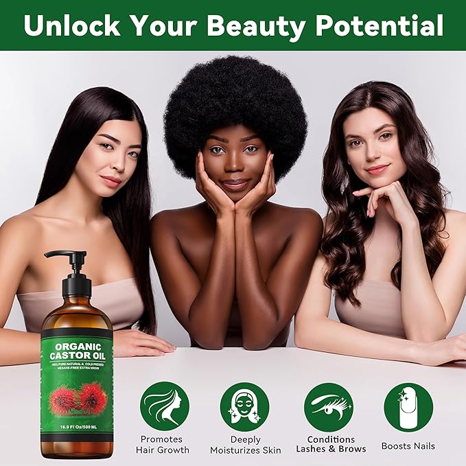 16.9 oz Castor Oil Organic Cold Pressed Unrefined Glass Bottle | 4 Pcs Castor Oil Pack Wrap Organic Cotton Reusable, Caster Oils Kit for Face, Hair, Eyelashes, Waist, Knee, Body