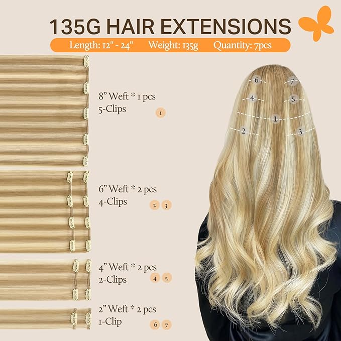 DOORES Clip in Human Hair Extensions, Dark Blonde Highlighted Bleach Blonde 135g 7pcs 16 Inch, Remy Hair Extensions Clip in Straight Natural Weft for Women