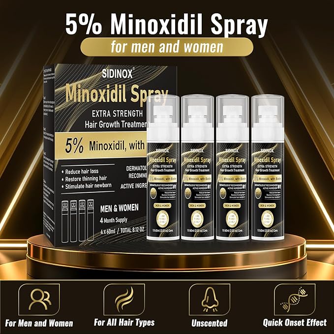5% Minoxidil Spray for Men & Women (4 Month Supply)-Extra Strength Hair Growth Spray with Biotin & Castor Oil,Clinically Proven for Thinning Hair & Beard Regrowth, Non-Greasy Formula 4 pack(8.12 oz)