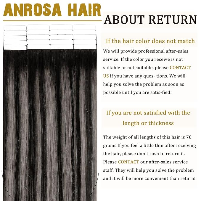 Anrosa Tape in Hair Extensions Human Hair Remy Real Human Hair Extensions Tape in Silky Natural Hair Extensions Human Hair 16 Inch Natural Black to Silver Grey with Natural Black Rooted 50G 20PCS