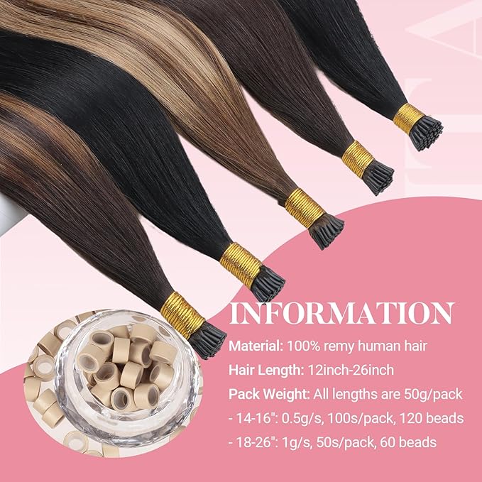 MAXITA I Tip Hair Extensions Human Hair,50g/100s Light Blonde Highlighted Golden Blonde 16 Inch Comfortable Wear, Invisible & Natural Cold Fusion, 100% Remy Human Hair Itip Keratin Hair Extensions