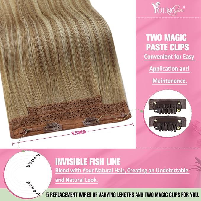YoungSee Wire Hair Extensions Real Human Hair Balayage Wire Hair Extensions Light Brown with Platinum Blonde and Brown #8/60/8 Layered Hair Extensions Human Hair Fish Line Hair Extensions 16Inch 80G