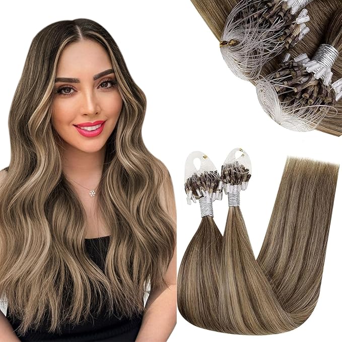 RUNATURE Microlinks Humam Hair Extensions for Women Silky Brown Highlight Blonde 16 Inch Micro Beads Remy Hair Extensions Natural Pre Bonded Micro Loop Real Human Hair Extensions Straight 50g 50 Strands