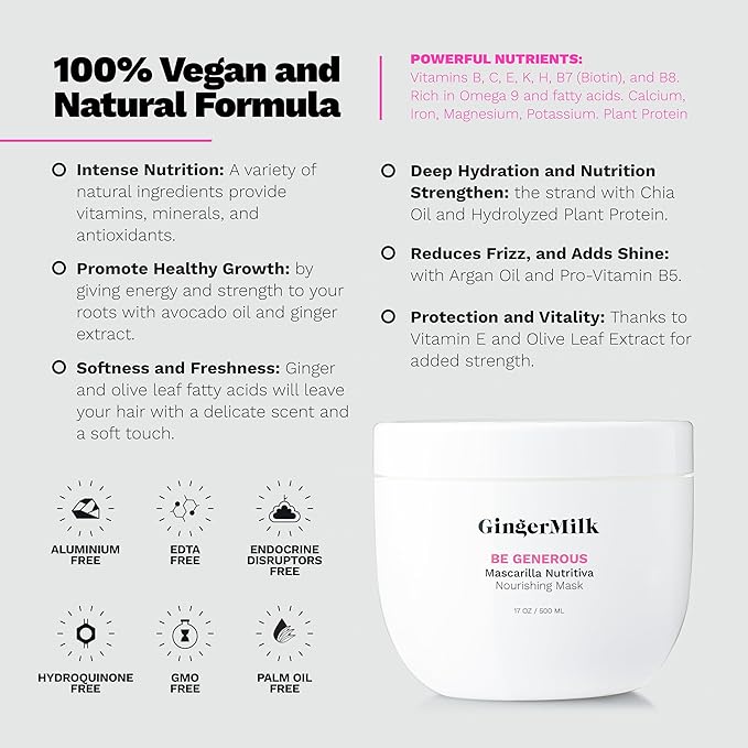 Deep Repair Hair Mask for Dry and Curly Hair – Castor Oil, Biotin, Ginger – Sulfate-Free – Be Generous by Ginger Milk – 17 oz