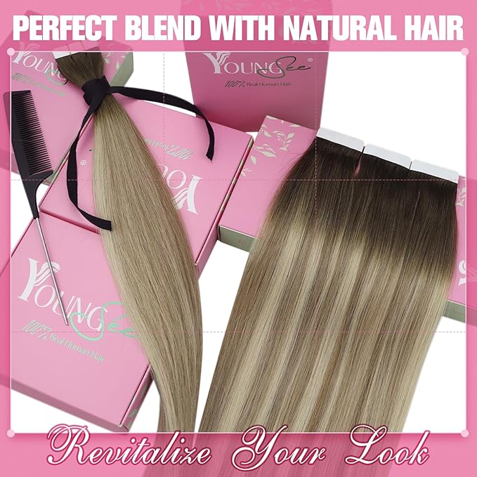 YoungSee Human Hair Tape in Extensions Balayage Brown Tape in Hair Extensions Real Human Hair Brown Ombre Blonde with Medium Brown Tape Human Hair Extensions Silky Straight 20 Inch 20pcs 50g