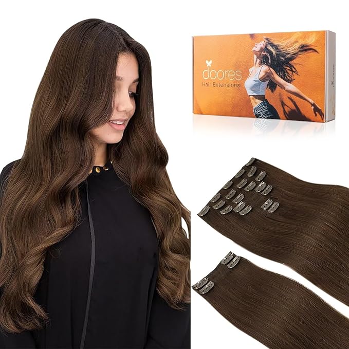 DOORES Clip-in Human Hair Extensions, Chocolate Brown 150g 9pcs 20 Inch, Remy Real Hair Extensions, Silky Straight Thick