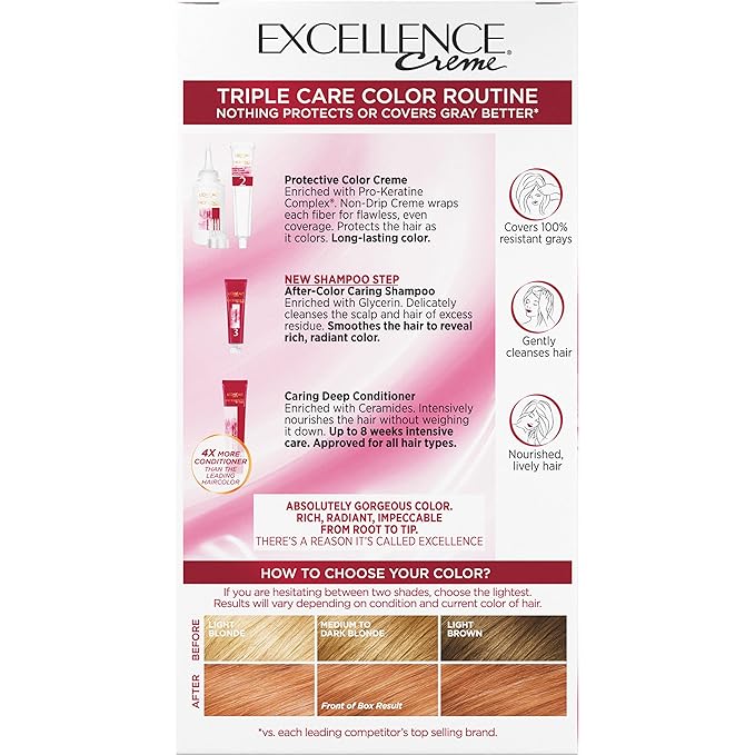 L'Oreal Paris Excellence Creme Permanent Triple Care Hair Color, 8RB Medium Reddish Blonde, Gray Coverage For Up to 8 Weeks, All Hair Types, Pack of 1