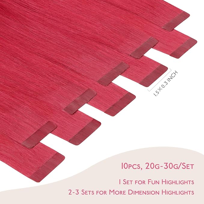 WENNALIFE Tape in Hair Extensions Human Hair Red Tape in Extensions, 10pcs 25g 18 inch Remy Invisible Tape Ins Straight Colored Soft Real Human Hair Tape in Extensions Refill Set Extensions