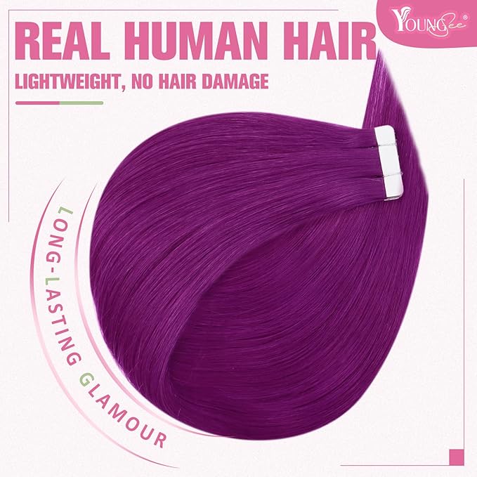 YoungSee Tape in Extensions Human Hair Purple Invisible Tape in Hair Extensions Human Hair Purple 10pcs 25g Seamless Human Hair Tape in Extensions Color 14In Tape ins Human Hair Extensions for Cosplay
