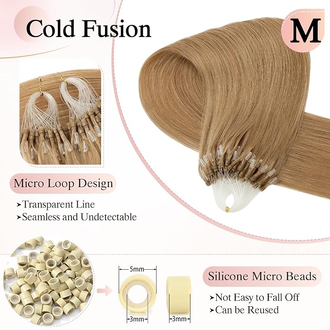 Micro Link Hair Extensions Human Hair Micro Bead Extensions Micro Loop Micro Ring Human Hair Extensions for Women Silky Straight Natural 50g/100 Stands 22" Dark Blonde