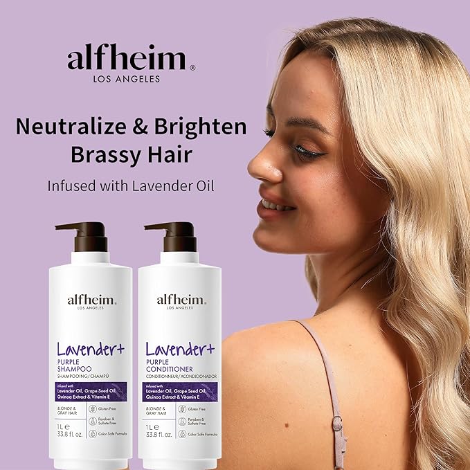 Alfheim Lavender+ Purple Shampoo & Conditioner Set | Neutralize Brassiness & Enhance Cool Tone for Platinum, Silver & Blonde Hair | Anti Brass While Hydrating | Paraben-Free, Color-Safe | 33.8 oz Each