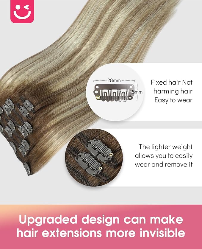 Youngsmile Balayage Clip in Hair Extensions Human Hair, Silky Straight Real Human Hair Clip in Extensions, Balayage Brown to Light Brown Mix Light Blonde, 120 Grams 16 Inch 7Pcs (CLIP#3/8/22-16Inch)