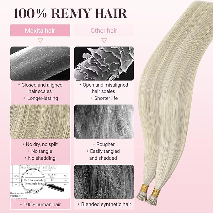 MAXITA I Tip Hair Extensions Human Hair,50g/50s Ash Blonde Highlighted Platinum Blonde 20 Inch Comfortable Wear, Invisible & Natural Cold Fusion, 100% Remy Human Hair Itip Keratin Hair Extensions