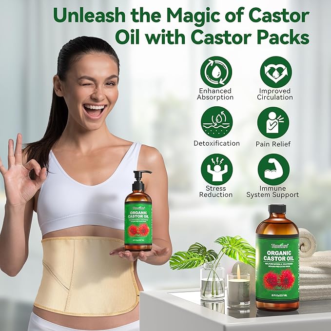 2 Pack Castor Oil Organic Cold Pressed Unrefined Glass Bottle with 2 Pumps – Pure & Hexane-Free for Hair Growth, Skin Care, Lashes, Brows, Body Nourishment – Ideal for Caster Oils Pack Wrap