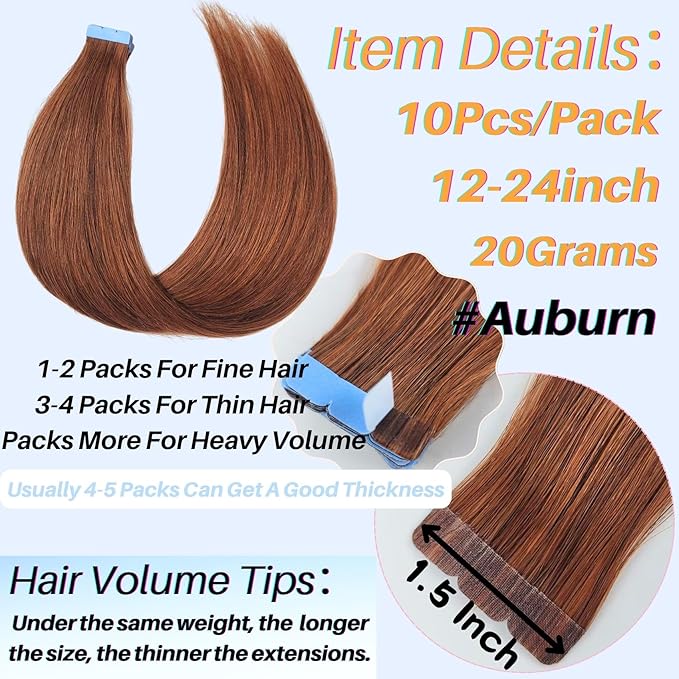 Auburn Mini Tape in Hair Extensions Human Hair Invisible Long 20 Inch Hair Extensions Real Human Hair Tape Ins Silky Straight Remy Hair for Women