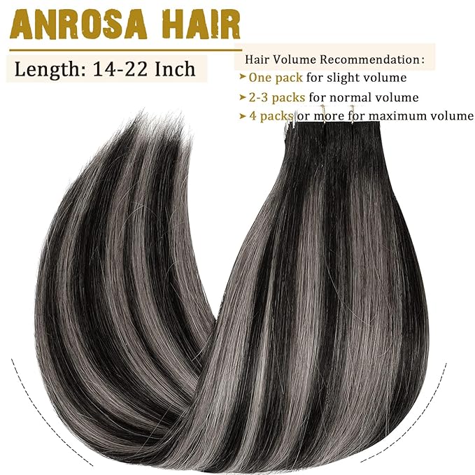 Anrosa Tape in Hair Extensions Human Hair Remy Real Human Hair Extensions Tape in Silky Natural Hair Extensions Human Hair 16 Inch Natural Black to Silver Grey with Natural Black Rooted 50G 20PCS