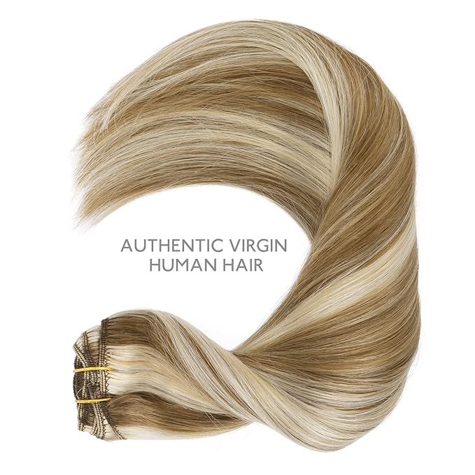 WENNALIFE Hair Extensions Clip In, 9pcs 16inch 150g Ash Brown Highlighted Golden Blonde Thicker Clip In Hair Extensions Real Human Hair Remy hair extension Double Weft Clip in Human Hair Extensions