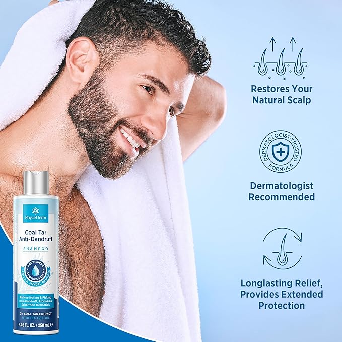 RoyceDerm Coal Tar Dandruff Shampoo: Extra Strength 2% Coal Tar Extract Medicated Gel for Rapid Scalp Hair Relief targets dandruff, psoriasis, and seborrheic dermatitis - Hydrating & Natural Fragrance