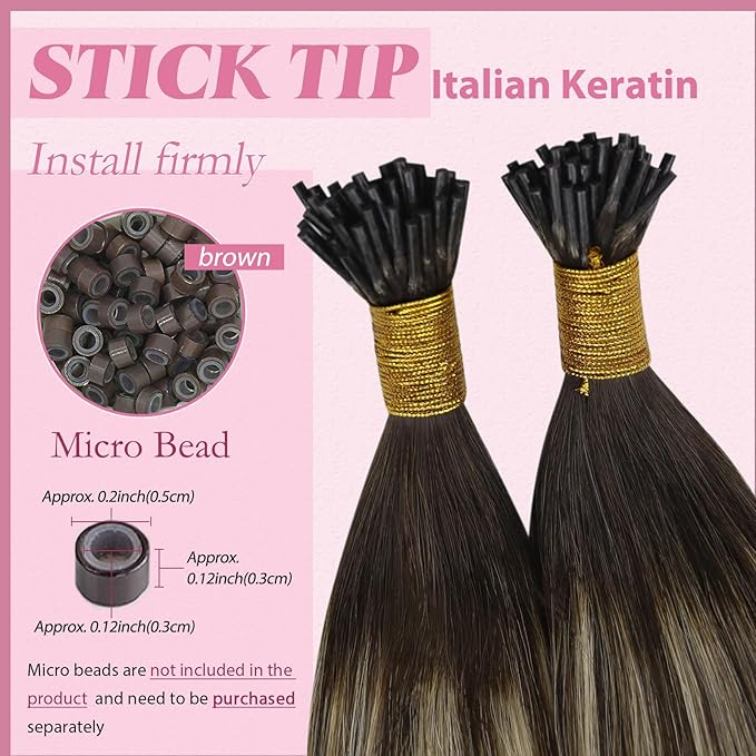 YoungSee Itip Human Hair Extensions Balayage Tip Hair Extensions Ombre Dark Brown with Ash Blonde I Tips Hair Extension for Women 80s I-Tips Extensions Real Human Hair Silky Straight 16Inch 50g