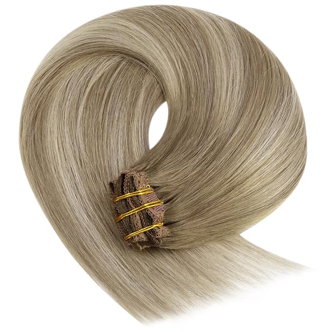 YoungSee 24In Clip on Hair Extension Balayage Clip in Hair Extensions Human Hair Medium Brown Fading To Brown Mix Platinum Blonde Balayage Soft and Silky Clip in Real Hair Extension for Long 120G 7Pcs