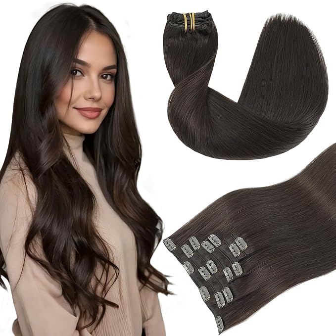 Youngsmile Human Hair Clip in Extensions, 14 Inch 7pcs 120g Clip in Hair Extensions Human Hair, Color #2 Darkest Brown,Double Drawn,Soft Silk Hair Extensions (CLIP#2-14Inch)