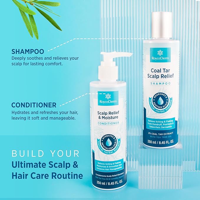 Roycederm Coal Tar Antidandruff Shampoo & Conditioner Set: 2% Coal Tar Extract Scalp Relief Shampoo for Psoriasis, Dandruff & Seborrheic Dermatitis - Soothes Itchy Scalp, Hydrates Hair