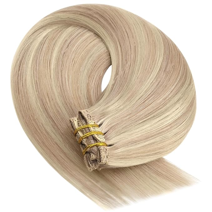 YoungSee Blonde Clip in Hair Extensions 20 inch Blonde Hair Extensions Clip in Highlights #18/613 Blonde Clip in Hair Extensions Human Hair Soft 100G 7Pcs