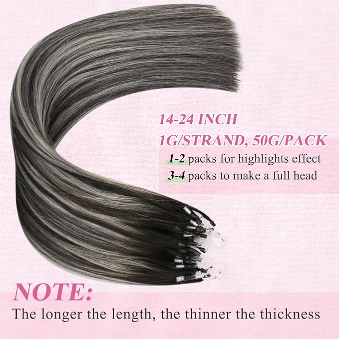 YoungSee Microlink Hair Extensions Human Hair Ombre Micro Ring Hair Extensions Silver with Black Balayage Bead Hair Extension Real Human Hair for Girls 16Inch 50g 50s