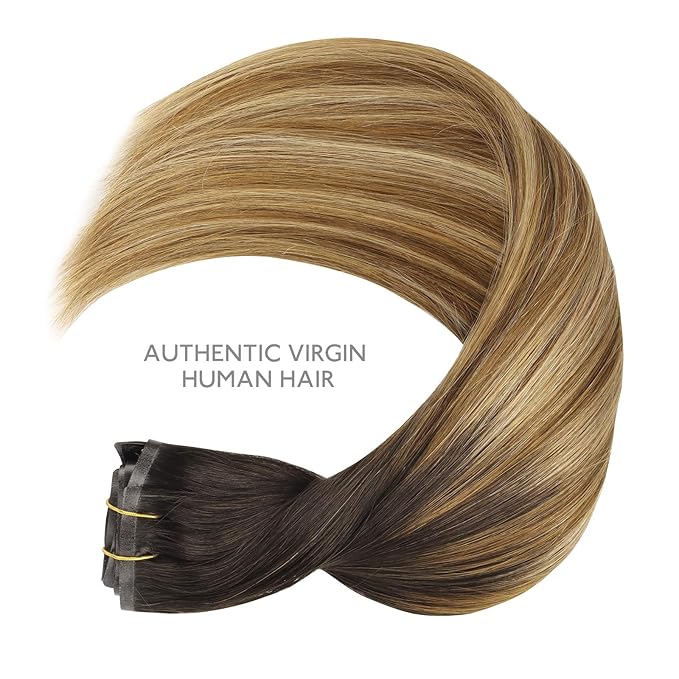 WENNALIFE Seamless Clip In Hair Extensions, 20 Inch 150g 7pcs Dark Brown to Chestnut Brown and Dirty Blonde Hair Extensions Clip in Human Hair Invisible PU Skin Weft Remy Human Hair Extensions