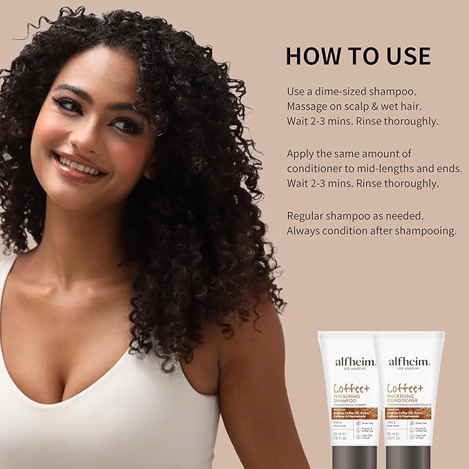 ALFHEIM Caffeine Shampoo and Conditioner Travel Set | Strengthens Hair & Supports Scalp Health | Biotin & Niacinamide for Thicker, Fuller Hair | Sulfate-Free for Oily Scalp & Thinning Hair | 1.18oz*2