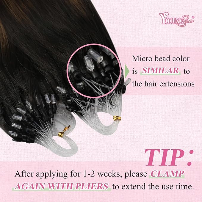 YoungSee Microlink Hair Extensions Human Hair Balayage Micro Ring Hair Extensions Ombre Dark Brown to Medium Brown with Blonde Hair Extension Beads for Girls 20Inch 50g 50s Cold Fusion Hair Extension