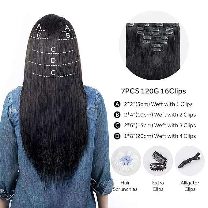 Clip in Hair Extensions Real Human Hair, Jet Black 100% Human Hair Extensions Clip in, Tangle-free Silky Straight Hair Extensions for Women, #1 18Inch 120G 7PCS