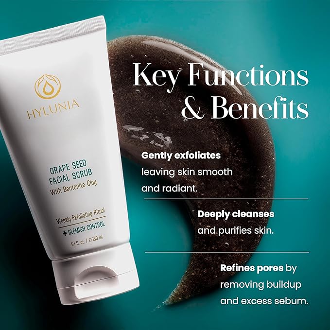 Hylunia Skincare Grape Seed Facial Scrub β Gentle Exfoliating Face Scrub with Ground Grape Seed, Bentonite Clay, and Alpha Hydroxy Acid for smooth, glowing skin and refined pores, 5.1oz