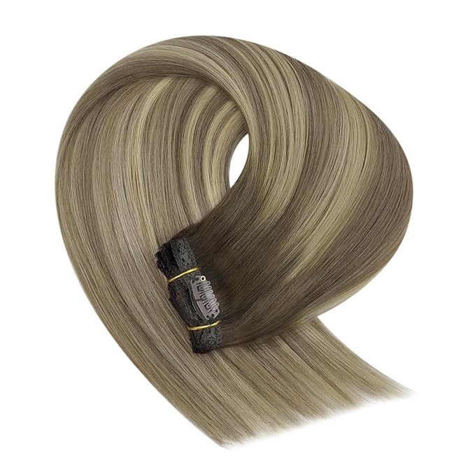 YoungSee 150G Clip in Real Hair Extensions Brown Clip on Hair Extensions Dark Brown Ombre Light Brown with Blonde Soft and Silky for Casual Outings 22inch 7pcs