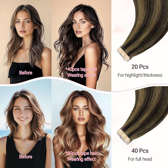 MAXITA Tape in Hair Extensions Human Hair Balayage Dark Brown to Chestnut Brown 14 inch 100g 40pcs Real Human Hair Extensions Natural Hair Extensions Remy Straight Hair