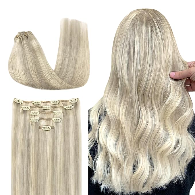 DOORES Human Hair Clip in Extensions, 5pcs 75g Ash Blonde Highlighted Platinum Blonde 16 Inch, Hair Extensions Real Human Hair Natural Straight Weft Hair Extensions Clip ins